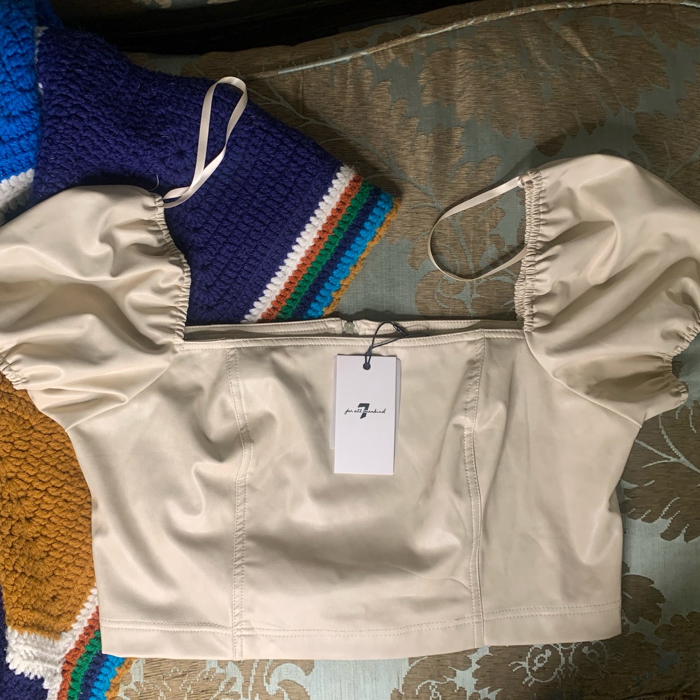 NWT 7 For All Mankind Cream Faux Leather Puff Sleeve Top Size L Large